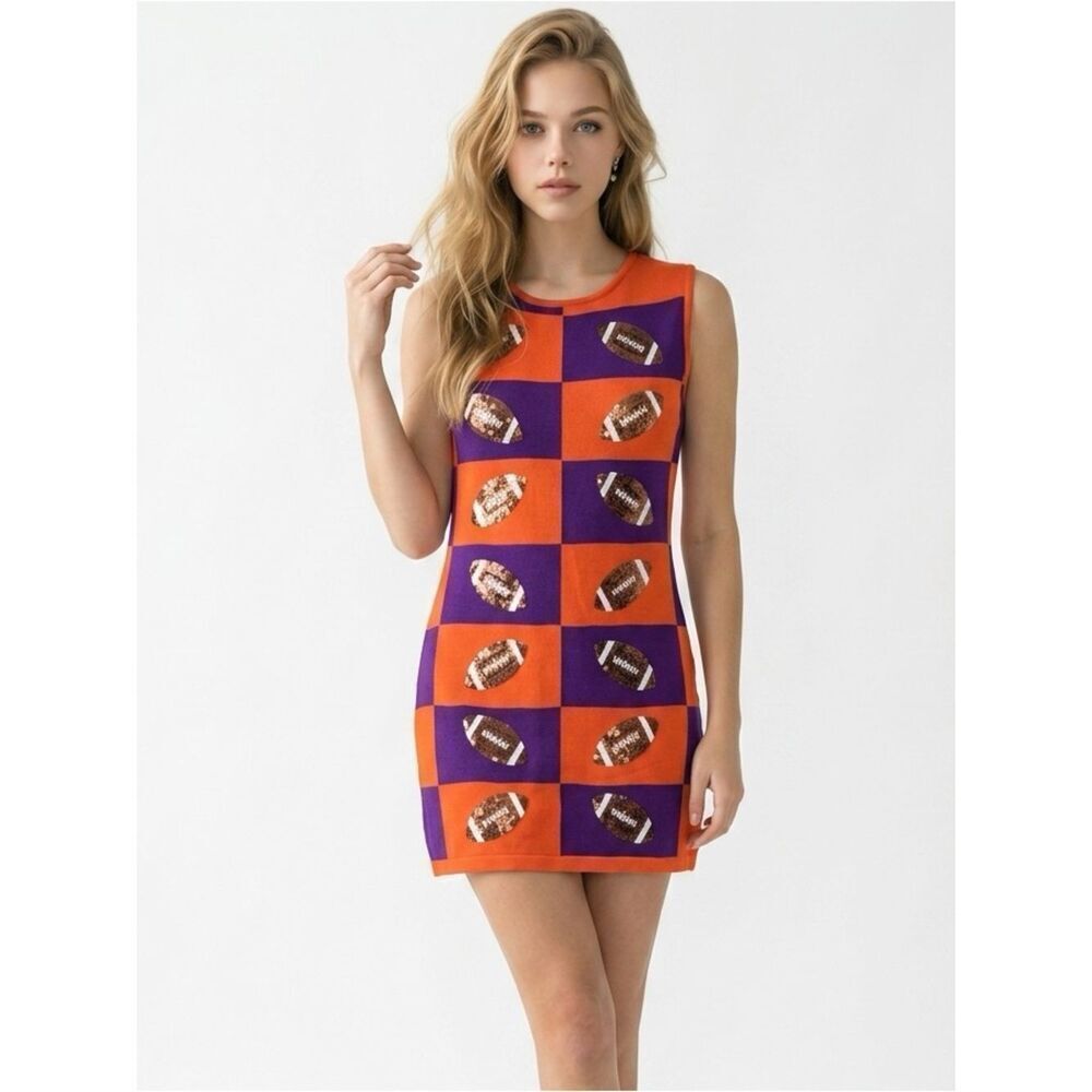 QUEEN OF SPARKLES | NEW! Purple & Orange Checkered Dress Sequin Footballs